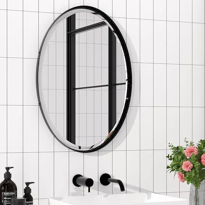POZINO Matte Black Oval Beveled Mirror, 20"x28" Bathroom Mirror for Over Sink, Modern Rounded Vanity Wall Mirrors for Bedroom Living Room Entryway Fireplace, Wall Mount Hangs Horizontal Or Vertical - ModernBath