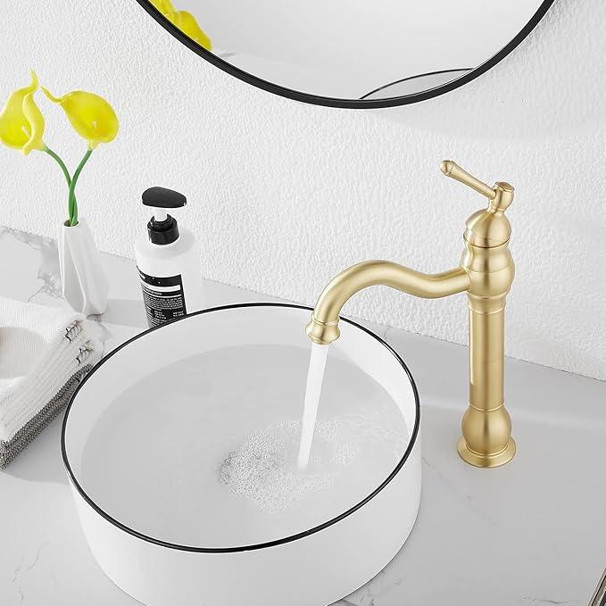 GGStudy 360 Swivel Single-Handle One Hole Vessel Sink Faucet with Matching Pop Up Drain - Brushed Gold Farmhouse Bathroom Vanity Faucet - ModernBath