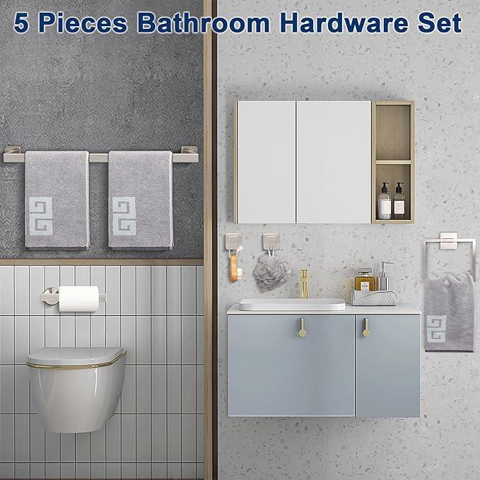 NearMoon 5 Pieces Bathroom Hardware Set 304 Stainless Steel, Square Towel Rack Kit - 24" Towel Rod + Towel Ring + Toilet Paper Holder + 2 Robe Hooks, Wall Mounted Bath Accessories (Brushed Nickel) - ModernBath