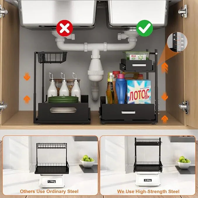 Under Sink Organizer,2 Tier Slide Out Kitchen Cabinet Organizers with Pulley,Under Bathroom Sink Pull Out Organizer with Multiple Height Adjustments for Kitchen and Bathroom Cabinets(Black) - ModernBath