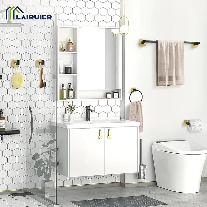 5-Piece Bathroom Hardware Set Black Gold Bathroom Hardware Accessories Set Upgraded Toilet Paper Holder with Shelf Towel Holder Set for Bathroom Stainless Steel Wall Mounted - ModernBath
