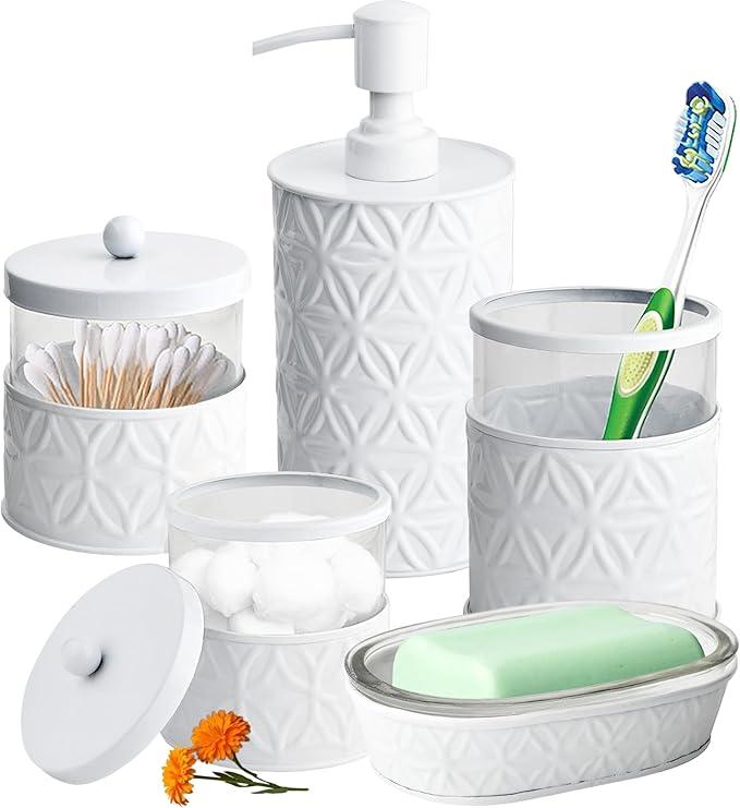 Autumn Alley White Bathroom Accessories Set, 5 Pieces, Bathroom Decor - Soap Dispenser Bathroom/Lotion Dispenser, Toothbrush Holder, 2 Glass Apothecary Jars (Qtip Holder), Soap Holder - ModernBath