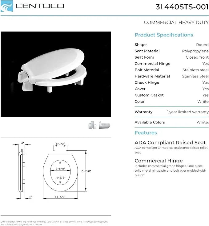 Centoco 3 inch Raised Toilet Seat for Seniors, Round, Closed Front With Cover, Plastic, Made in the USA, 3L440STS-001, White - ModernBath