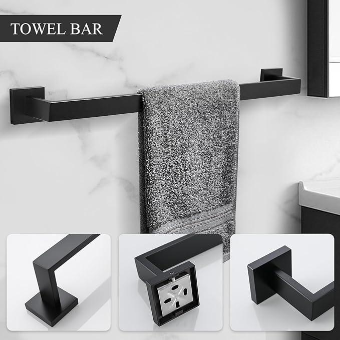 TURS 4-Piece Bathroom Hardware Set Black Towel Bar Set Stainless Steel Towel Bar Hand Towel Holder Toilet Paper Holder Towel Hooks Wall Mount - ModernBath
