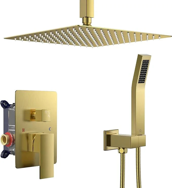 FORIOUS Shower Head System, 12 Inch Rain Shower Faucet Set with Handheld Spray Combo Rough-in Valve, Solid Brass Pressure Balanced Valve Trim Kit, Ceiling Mount, Brushed Gold - ModernBath