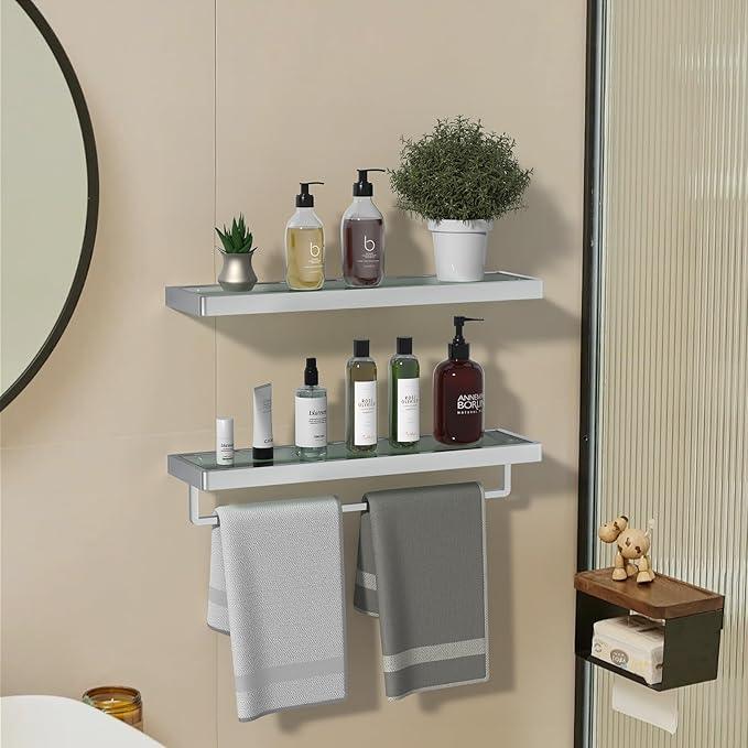 Bathroom Shelves Glass Bathroom Shelf with Towel Bar, Floating Shelves for Living Room/Study Room Tempered Glass Rectangular 1 Tier Organizer Wall Shelf (Chrome Polished, 20'') - ModernBath