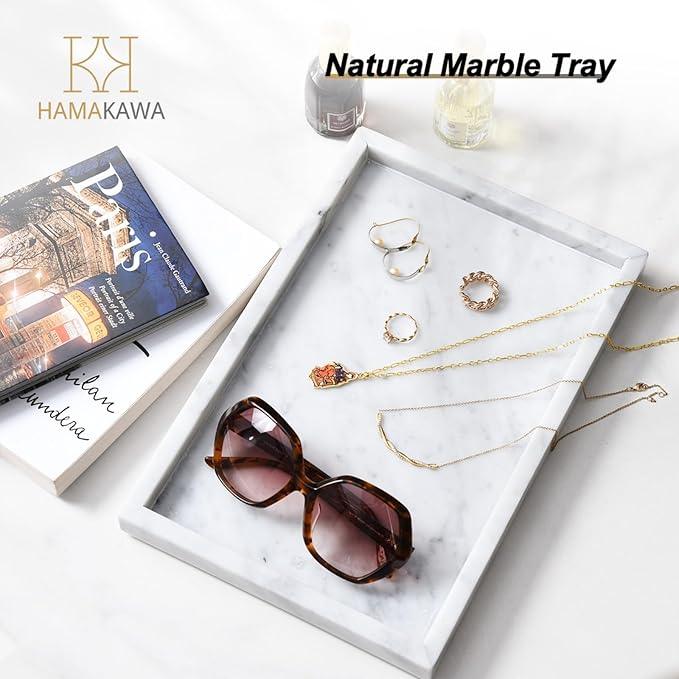 HAMAKAWA Large Bathroom Vanity Tray, Real Natural Marble Sink Tray 12 inch, Carrara White Stone Toilet Tank Trays, Modern Dresser Trays, Countertop Organizer for Kitchen Counter, Soap Dispenser - ModernBath