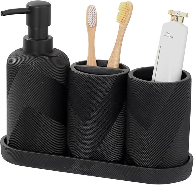 Bathroom Accessories Set, Bathroom Organizer Countertop, Soap Dispenser and Toothbrush Holder, Mouthwash Cup, Tray Set, Vanity Tray for Bathroom, 4 Pieces Modern Decor (Matte Black) - ModernBath