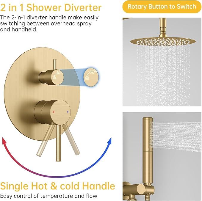 BESy Shower System with 10 Inch Round Rain Shower Head and Handheld Wall Mounted, High Pressure Rainfall Shower Faucet Fixture Combo Set with 2 in 1 Handheld Showerhead for Bathroom, Brushed Gold - ModernBath