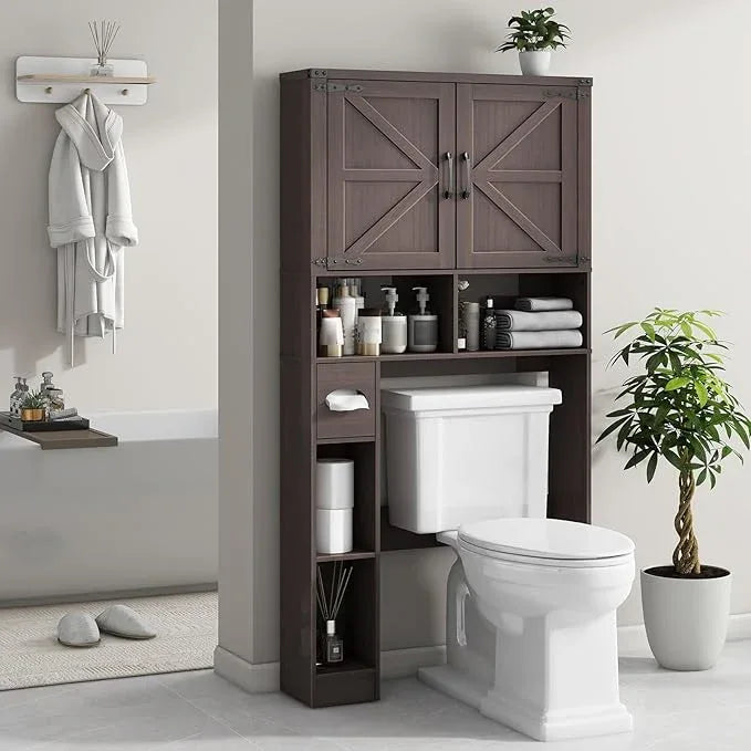 Vabches Over The Toilet Storage Cabinet, Farmhouse Storage Cabinet Over Toilet with 2 Barn Doors && Toilet Paper Holder Stand，Home Space-Saving Toilet Rack, for Laundry, Restroom, Bathroom.(Espresso) - ModernBath