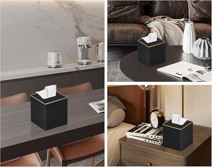 GOLRANLYE Tissue Box Cover Square PU Leather Facial Tissue Box Holder for Dresser Bathroom Decor (Black Pearl) - ModernBath