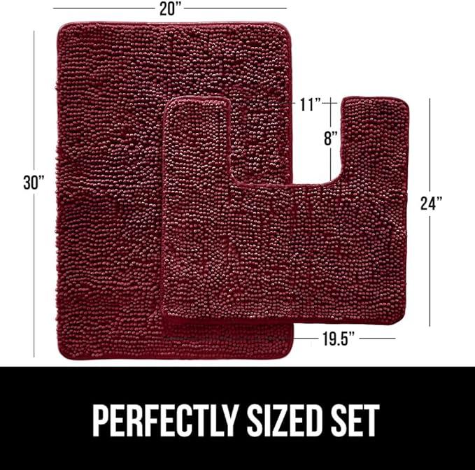 GORILLA GRIP Bathroom Rug Sets, Soft Chenille 2 Piece Area Rugs Set, Toilet Base Mat and 30x20 Carpet, Absorbent Microfiber Washable Mats Dry Quickly, Home Décor and Bath Room Accessories, Burgundy - ModernBath