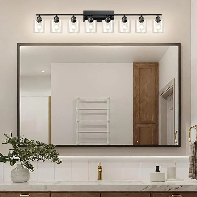 FAISHILAN Modern 8 Light Bathroom Light Fixtures, 52 inch Vanity Lights for Bathroom with Clear Glass, Black Bathroom Light Fixture for Mirror Kitchen Living Room Hallway Cabinet Porch - ModernBath