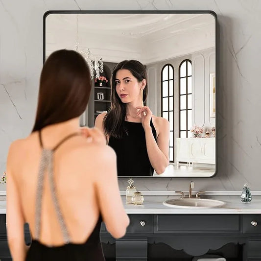 LOAAO 40X38 Inch Black Metal Framed Bathroom Mirror for Wall, Matte Black Bathroom Vanity Mirror Farmhouse, Anti-Rust, Tempered Glass, Hangs Horizontally or Vertically - ModernBath
