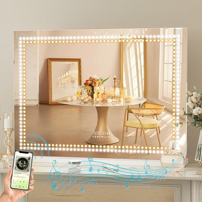 FENCHILIN Vanity Mirror with Lights and Bluetooth Speaker 31.5"x 22.8" Makeup Mirror Lighted Hollywood Mirror with LED Light Beads USB Charge Port, 3 Color Lighting Modes - ModernBath
