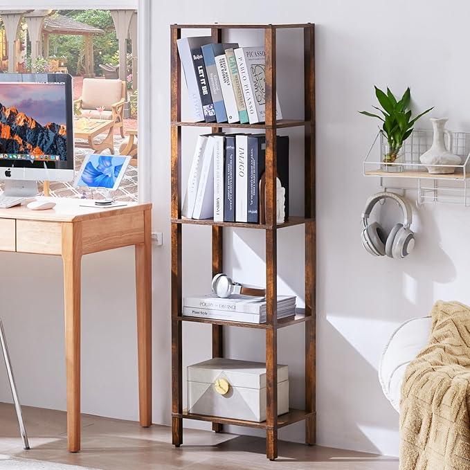 54in Tall Bookshelf 5-Tier Small Narrow Bookcase, Skinny Book Shelf for Small Space, Farmhouse Slim Shelf with Storage, Wood Freestanding Display Thin Bookshelves for Living Room, Office, Brown - ModernBath
