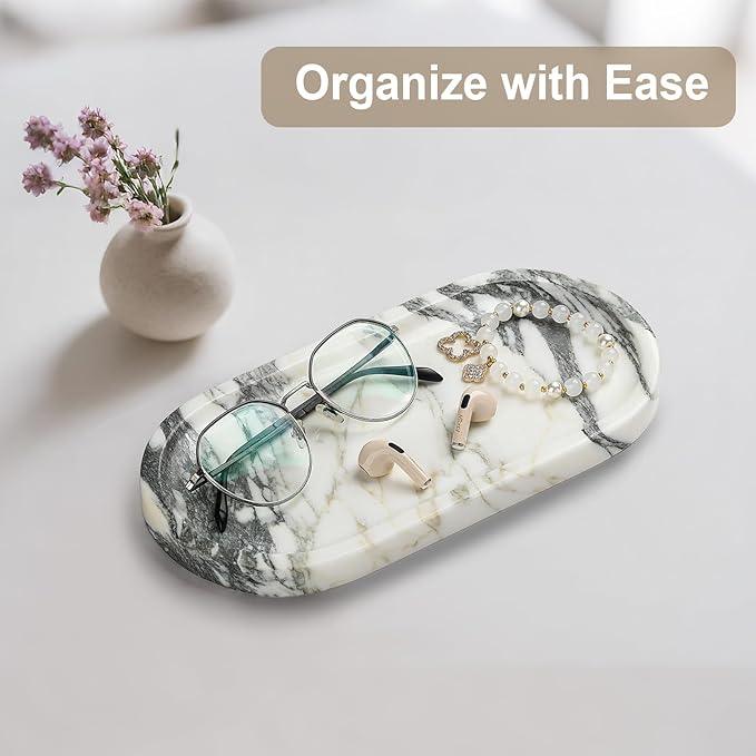 Natural Marble Vanity Tray - Moujings Genuine Marble Perfume Tray for Bathroom Decor, Stone Bathroom Vanity Organizer Tray for Kitchen Counter, Candles, Jewelry, Coffee, Makeup, Key - ModernBath