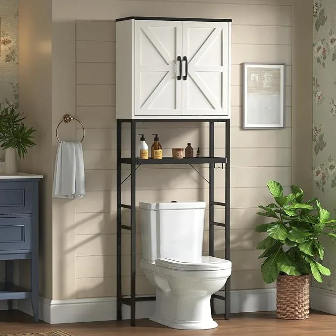 Over The Toilet Storage Cabinet, Bathroom Above Toilet Cabinet Organizer with Doors and Adjustable Shelves, Bathroom Shelf Organizer with Anti-Tip Device & Drain Rack, White - ModernBath