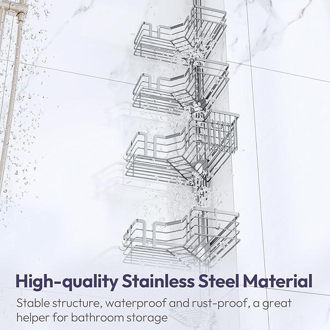 SWTYMIKI Shower Caddy Tension Pole - 4-Tier Corner Shower Organizer Tension Rod with Soap Holder, Toothbrush Holder & 4 Hooks, Adjustable Stainless Steel Bathroom Organizer 27.6 to 108.3 inch, Silver - ModernBath