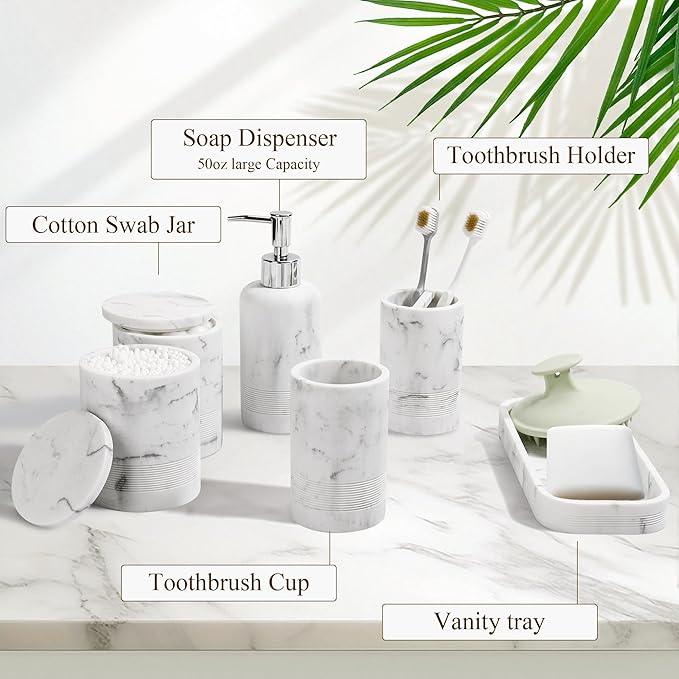LIN CHUAN 6-Piece Bathroom Accessories Set, Organizer Set with Soap Dispenser, Toothbrush Holder Set, Vanity Tray, Tumbler & 2 Cotton Swab Jars – Modern Stylish Bathroom Storage(Marble White) - ModernBath