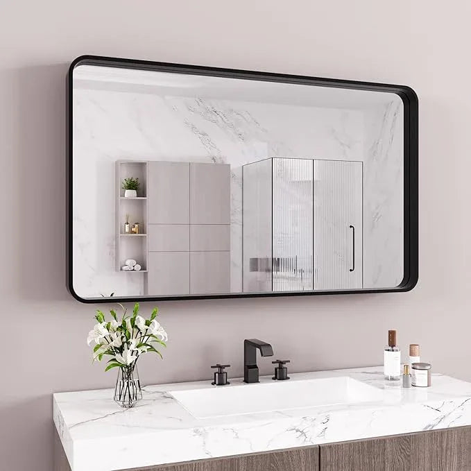JISOSO Black Bathroom Mirror 55X30 Inch, Black Metal Framed Mirror for Wall, Rounded Rectangle Matte Bathroom Vanity Mirror with Tempered Glass, Anti-Rust, Horizontal/Vertical - ModernBath