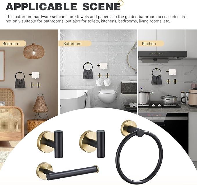 Bathroom Hardware Set 4 Piece Black&Gold Wall Mounted Stainless Steel Hardware Towel Bar Set Gold Bathroom Accessories Towel Rack Set Kit Includes Hand Towel Ring, Toilet Paper Holder, 2 Robe Hook - ModernBath