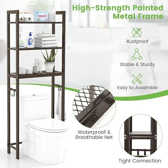 Giantex Over The Toilet Storage Rack, 3-Tier Metal Bathroom Organizer with 3 Hooks, Adjustable Bottom Bar, Anti-Tippling Devices, Freestanding Toilet Space-Saver for Bathroom, Laundry (Coffee) - ModernBath