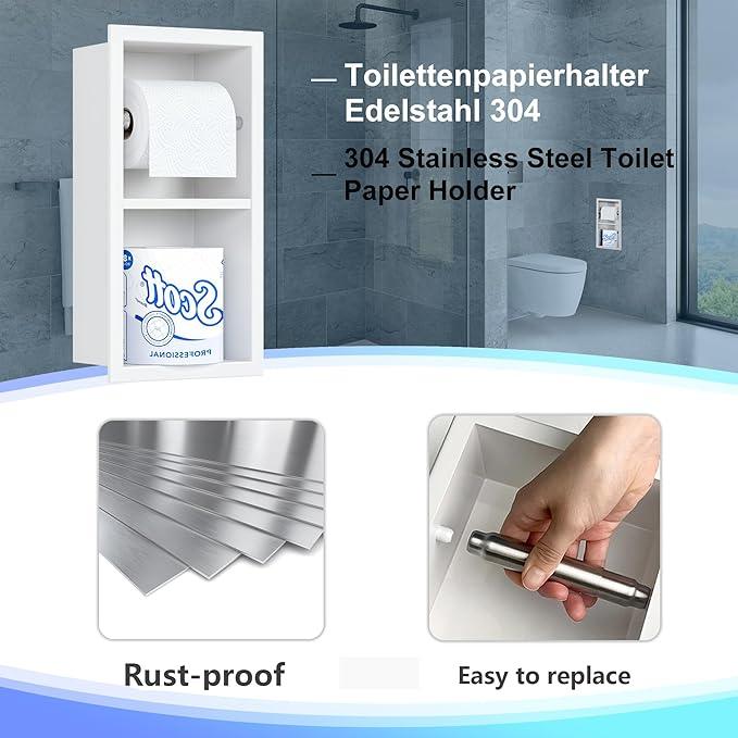 Neodrain White TIissue Holder, Contemporary Hotel Style Pivoting in Wall Toilet Paper Holder, Stainless Steel Recessed Tissue Paper Roll Holder, Double roll - ModernBath