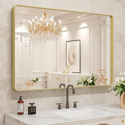 WEER Gold Bathroom Mirror, 48X30 Inch Brushed Gold Metal Frame Mirror, Rounded Rectangle Gold Bathroom Vanity Mirror for Wall, Tempered Glass, Anti-Rust, Hangs Horizontally or Vertically - ModernBath
