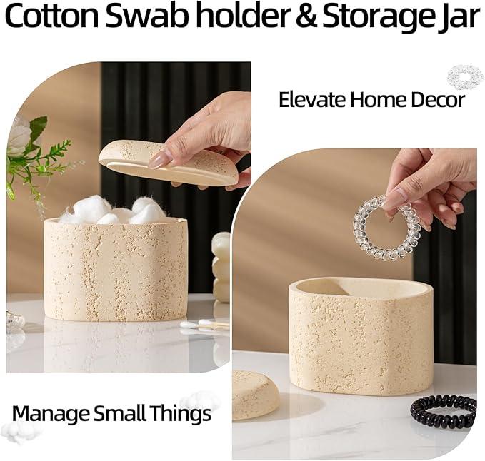 WUUAHOME Bathroom Accessories Set, Travertine Stone-Look, 5 PCS Bathroom Accessory Set with 13.53 OZ Soap Dispenser, Toothbrush Holder, Tumbler, Vanity Tray, Cotton Swab Jars for Countertop (Yellow) - ModernBath