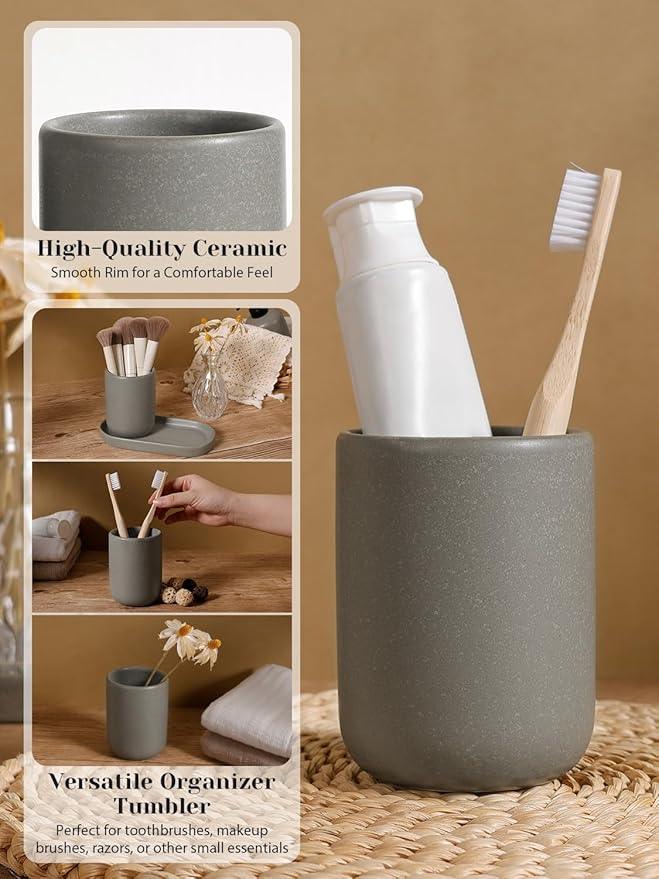 INGOFIN 3 Pcs Ceramic Bathroom Accessory Set - Liquid Soap Dispenser, Toothbrush Holder & Tray, Bathroom Counter Set, Countertop Essentials for Home, Guest Bathroom, or Office Use, Grey - ModernBath