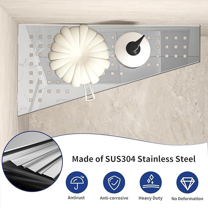 Corner Shower Shelf 12" Polished 304 Stainless Steel Recessed Trapezoid Grout in Shelves with Grid Design Bathroom Shelf Racks for Tiled Wall, 2 Pack - ModernBath