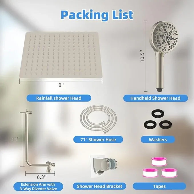 All Metal Shower Head, 8" High Pressure Rainfall/Handheld Shower Combo with 11" Extension Arm, 10-Spray Handheld Showerhead, 71" Long Hose, 3-Way Diverter Valve, Brushed Nickel - ModernBath