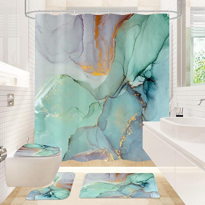 Gibelle 4 Pcs Shower Curtain Set with Non-Slip Rugs Toilet Lid Cover and Bath Mat, Green Marble Bathroom Decor Set with Accessories - ModernBath