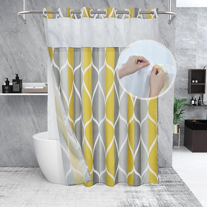 Yiatn Gray Yellow No Hook Shower Curtain with Liner Attached - Hotel Style with See Through Mesh Top Window, Modern Geometric Waterdrop Design,Waterproof and Washable, 71x74 INCH - ModernBath