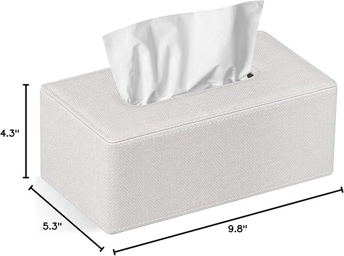 GOLRANLYE Tissue Box Cover Rectangular 9.8"(L) x 5.3"(W) x 4.3"(H) Refined Modern PU Leather Facial Tissue Dispenser Box Holder for Dresser Bathroom Decorative (Linen Beige) - ModernBath