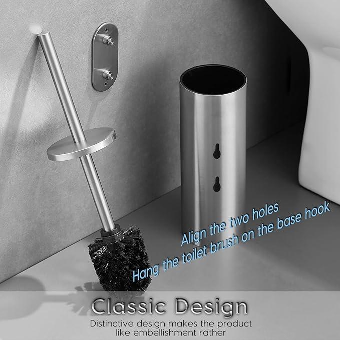 Brushed Stainless Steel Toilet Brush and Cover, No-Punch Hook Base Dual Purpose Toilet Brush Holder with Removable Inner Bucket and Splash Cover - Soft Bristles (Brushed) - ModernBath