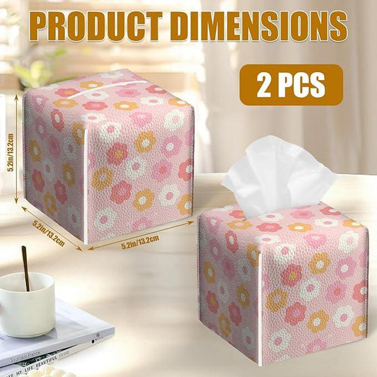 Retro Pink Flower Tissue Box Cover 2PCS, Leather Tissue Box Holder Square Facial Paper Case Tissue Box Cube Organizer for Bathroom Bedroom Desk Office - ModernBath