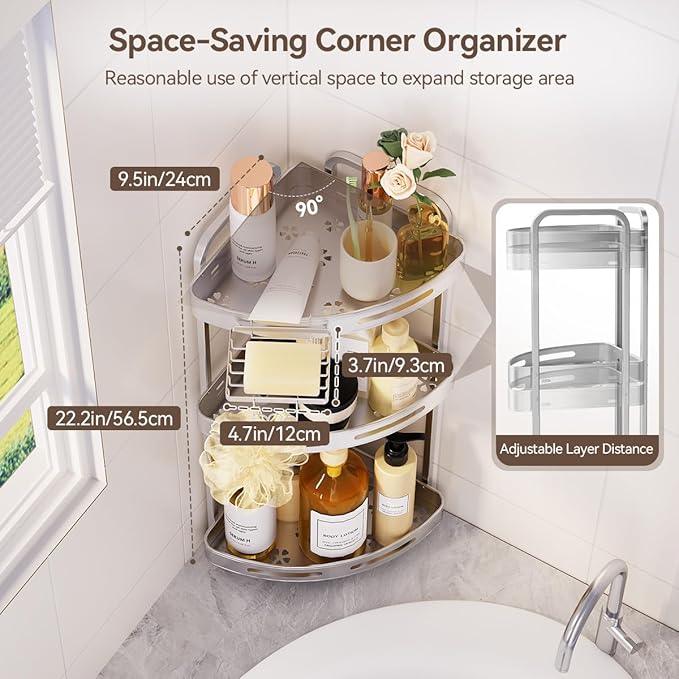 Corner Shower Caddy Standing, 3-Tier Rustproof Shower Organizer with Soap Holder, Aluminum Shower Shelf Stand for Bathroom Storage, Siver - ModernBath