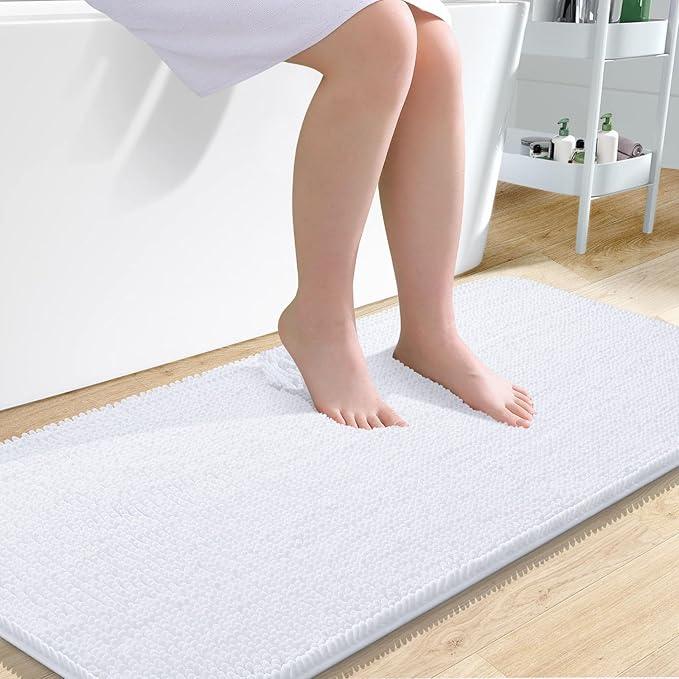 OLANLY Bathroom Rugs 47x24, Extra Soft Absorbent Chenille Bath Rugs, Rubber Backing Quick Dry, Machine Washable Bath Mats for Bathroom Floor, Tub and Shower, Home Decor Accessories, White - ModernBath