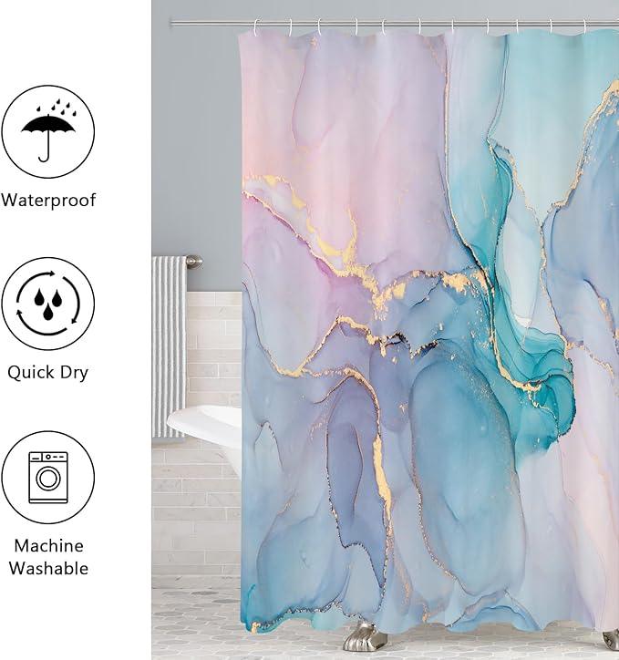 Gibelle 4 Pcs Bathroom Shower Curtain Set with Non-Slip Rugs, Toilet Lid Cover and Bath Mat, Blue Pink Marble Bathroom Decor Set with Shower Curtain and Rugs and Accessories - ModernBath