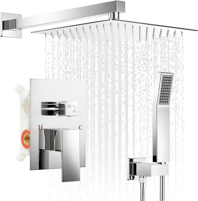 RNDIOZD Chrome Shower Faucet Set, 10 inch Rain Shower System with Pressure Balance Valve, Wall Mounted 2-Functions Bathroom Shower Systems with Rain Shower and Handheld Spray Shower Trim Included - ModernBath