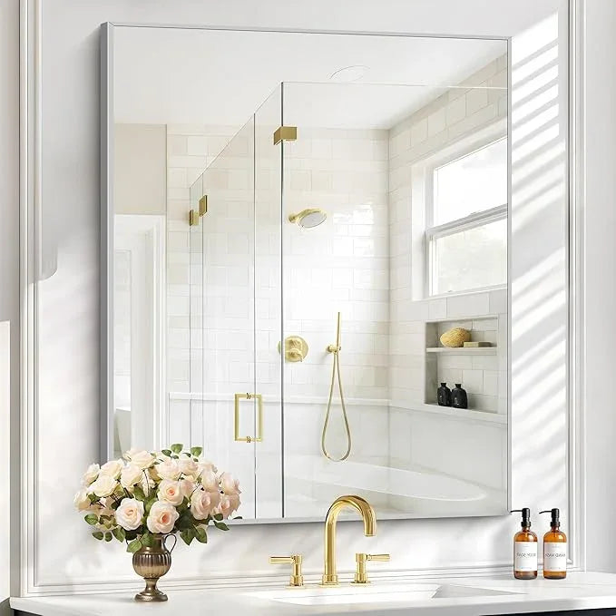 COFENY Silver Bathroom Mirror for Wall, 30x36 Inch Rectangle with Metal Frame, Modern Vanity for Bathroom Living Room, Entryway Hangs Horizontal or Vertical - ModernBath