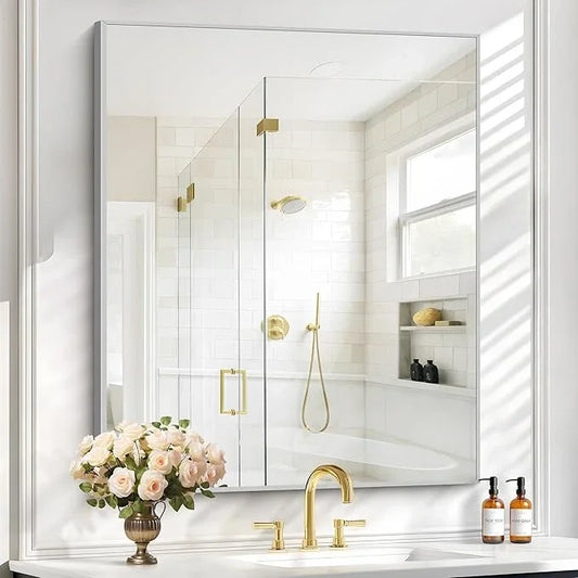 COFENY Silver Bathroom Mirror for Wall, 30x36 Inch Rectangle with Metal Frame, Modern Vanity for Bathroom Living Room, Entryway Hangs Horizontal or Vertical - ModernBath
