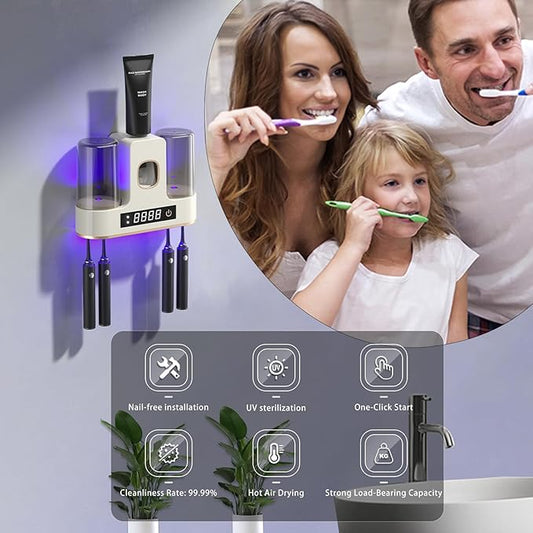 POPZJXDM Electric Toothbrush Holders for Bathrooms, Dustproof Smart Toothbrush Holder Wall Mounted - 4 Brush/2 Cups, Auto Toothpaste Dispenser, Hot Air Drying & LCD Display,Toothbrush Cleaner (White)