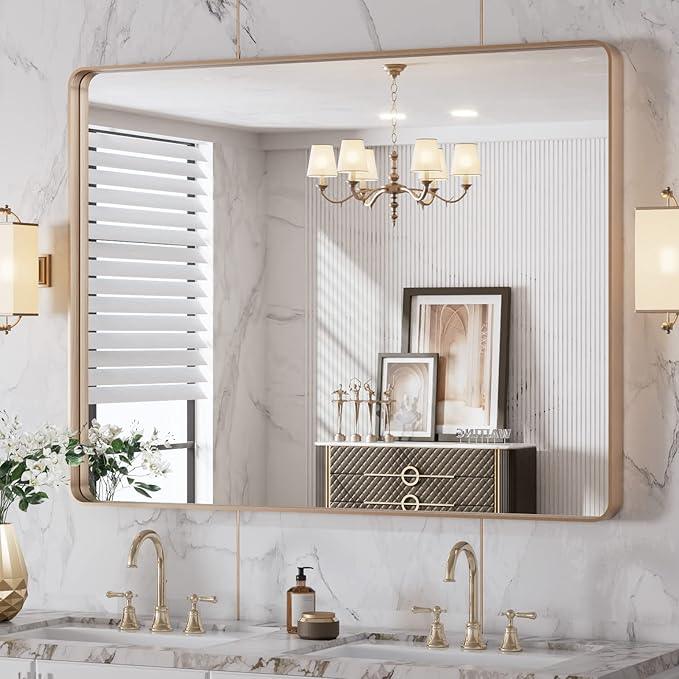 LOAAO 40”X30” Gold Bathroom Mirror, Rounded Rectangle Gold Frame Mirror, Brushed Gold Bathroom Vanity Mirror Wall-Mounted, Anti-Rust, Tempered Glass, Hangs Horizontally or Vertically - ModernBath
