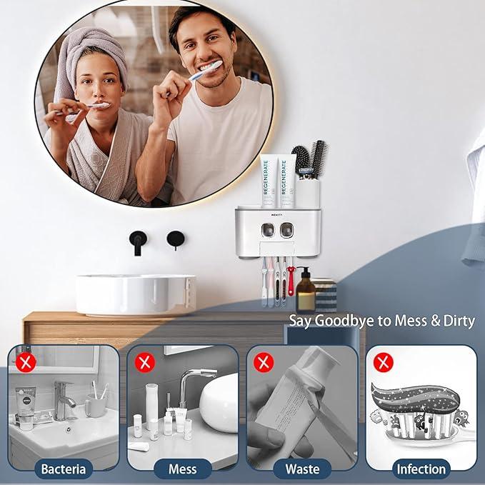 Toothbrush Holder Wall Mounted, WEKITY Multi-Functional Toothbrush and Toothpaste Dispenser for Bathroom, with 5 Toothbrush Slots, 2 Toothpaste Squeezers and 4 Cups(Grey) - ModernBath