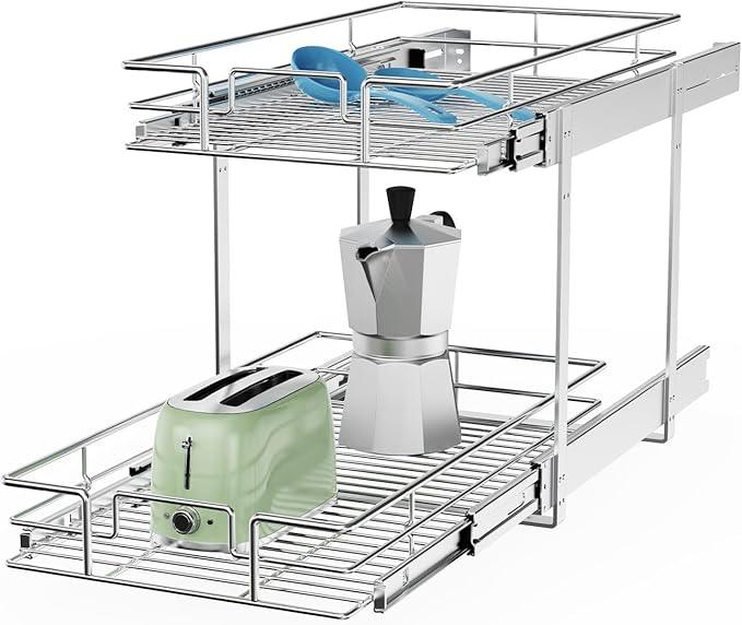 ROOMTEC Individual Pull Out Cabinet Organizer (14½" W x 21½" D), 2 Tier Spice Rack Organizer for Cabinet, Slide Out Drawer Pantry Shelf Organization and Storage for Kitchen Bathroom - ModernBath