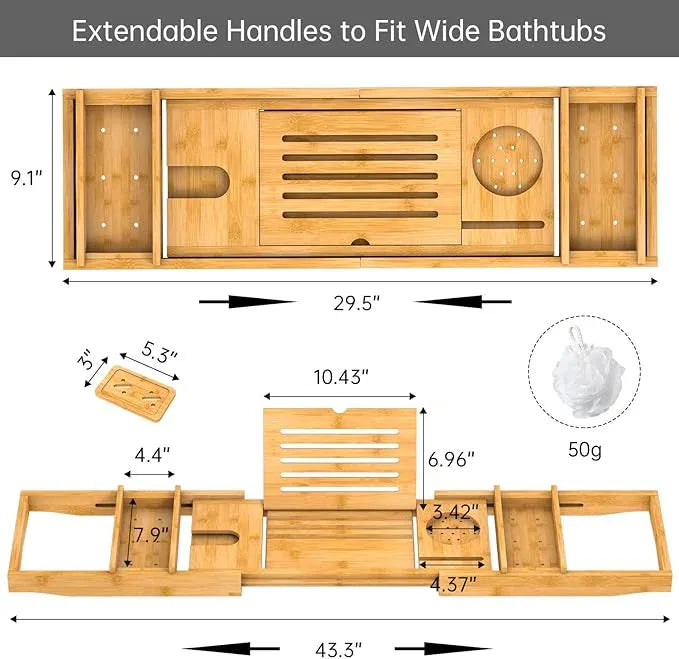 Bamboo Bathtub Tray for Luxury Bathroom, Expandable Premium Bath Tray w/Soap Towel Book Holder, Adjustable Bath Accessories for Tub,Extendable Tub Tray w/Wine Glass Cup Organizer 29.5"-43.3" Nature - ModernBath