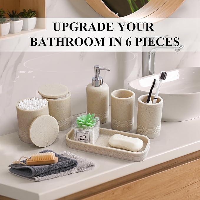 LIN CHUAN 6-Piece Bathroom Accessories Set, Bathroom Accessory Set with Soap Dispenser, Toothbrush Holder Set, Vanity Tray, Tumbler & 2 Cotton Swab Jars, Modern Stylish Bathroom Organizer(Beige) - ModernBath